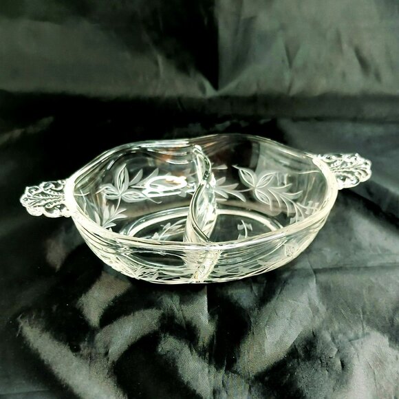 Vintage Fostoria 2 Part Divided Glass Condiment Serving Dish Floral Design - Picture 5 of 6